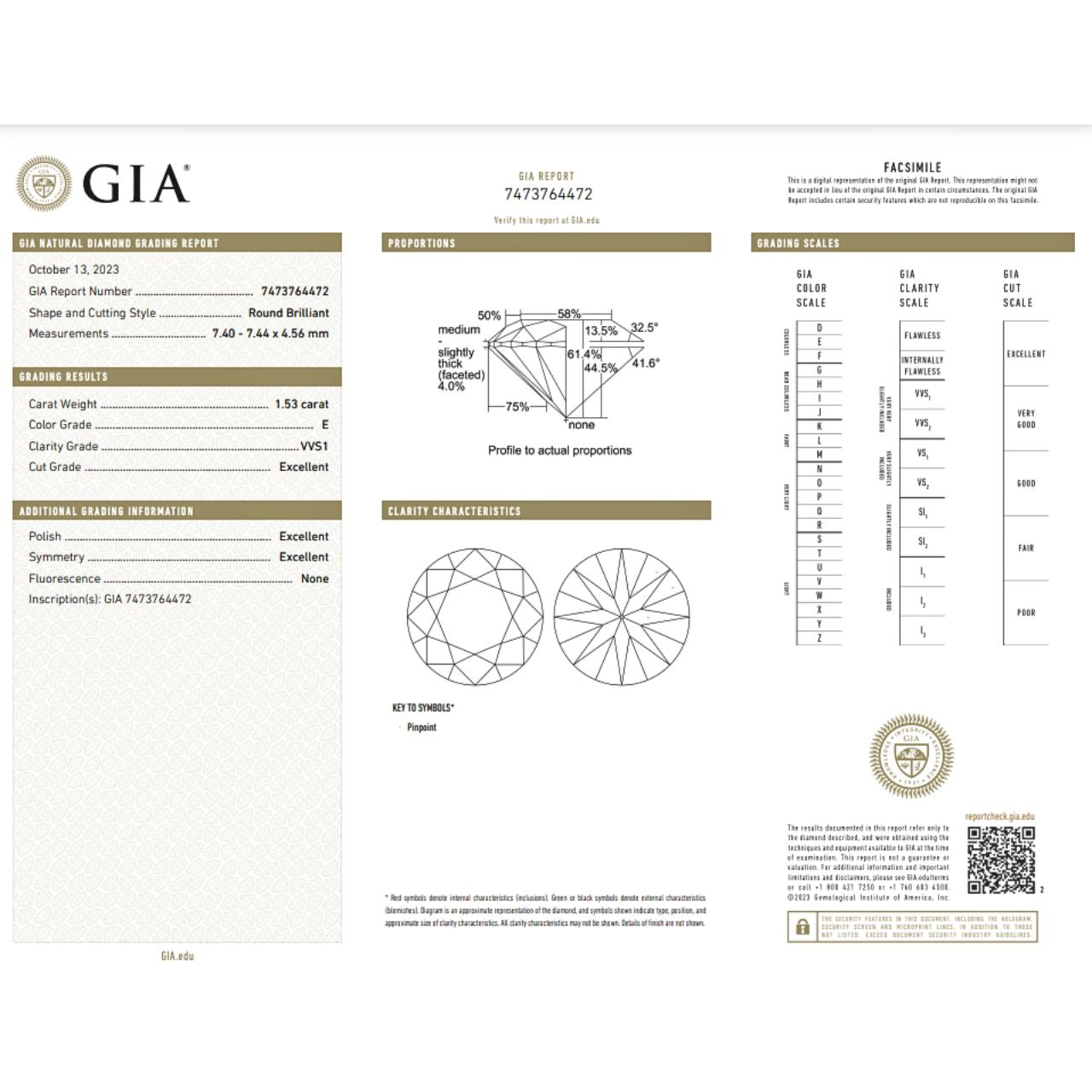 GIA Certified 1.53 Carat Round Diamond Ideal Cut - E Color - VVS1 Clarity