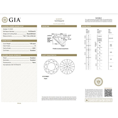 GIA Certified 1.53 Carat Round Diamond Ideal Cut - E Color - VVS1 Clarity