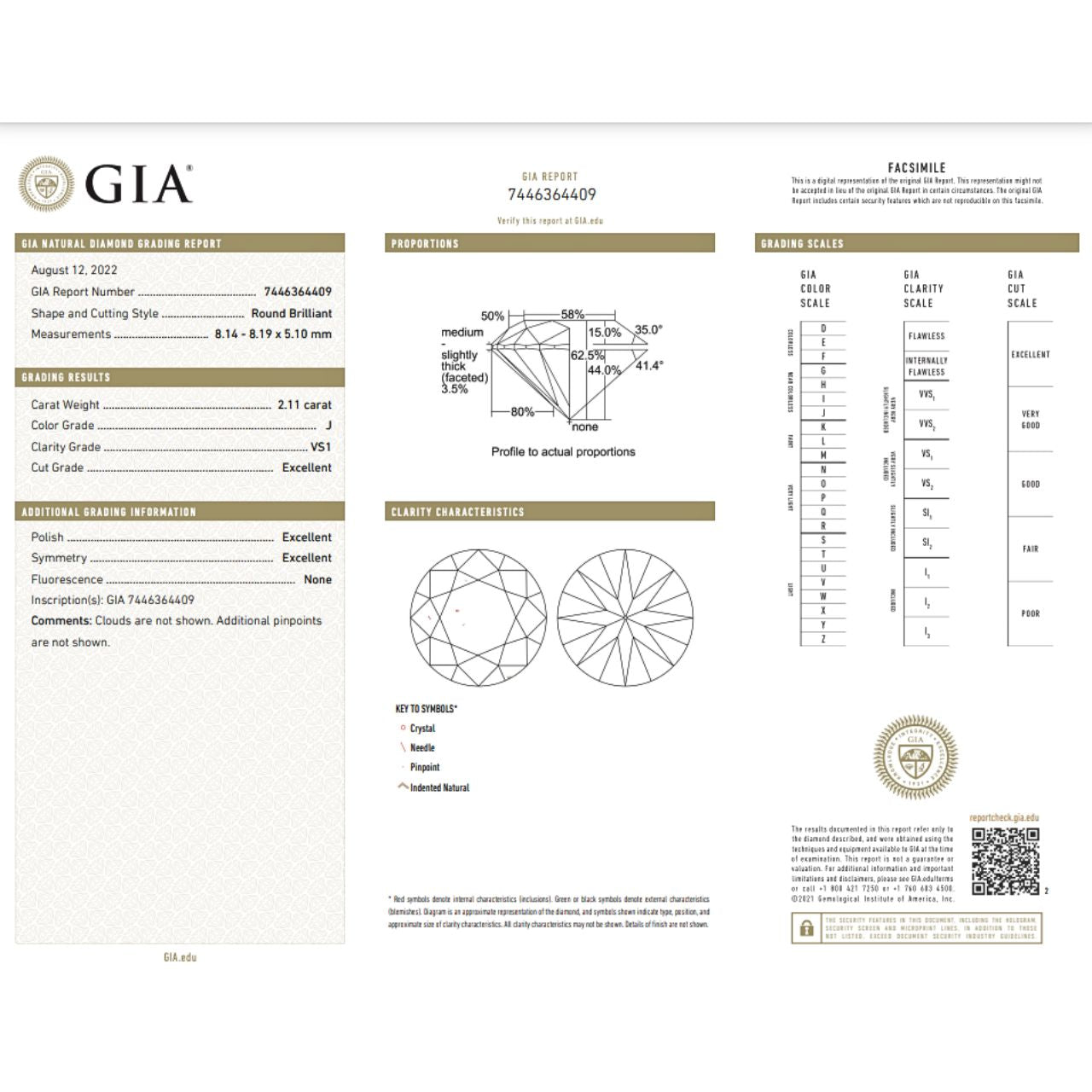 GIA Certified 2.11 Carat Round Diamond Ideal Cut - J Color - VS1 Clarity