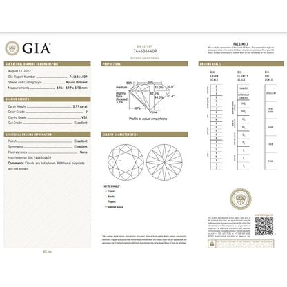 GIA Certified 2.11 Carat Round Diamond Ideal Cut - J Color - VS1 Clarity