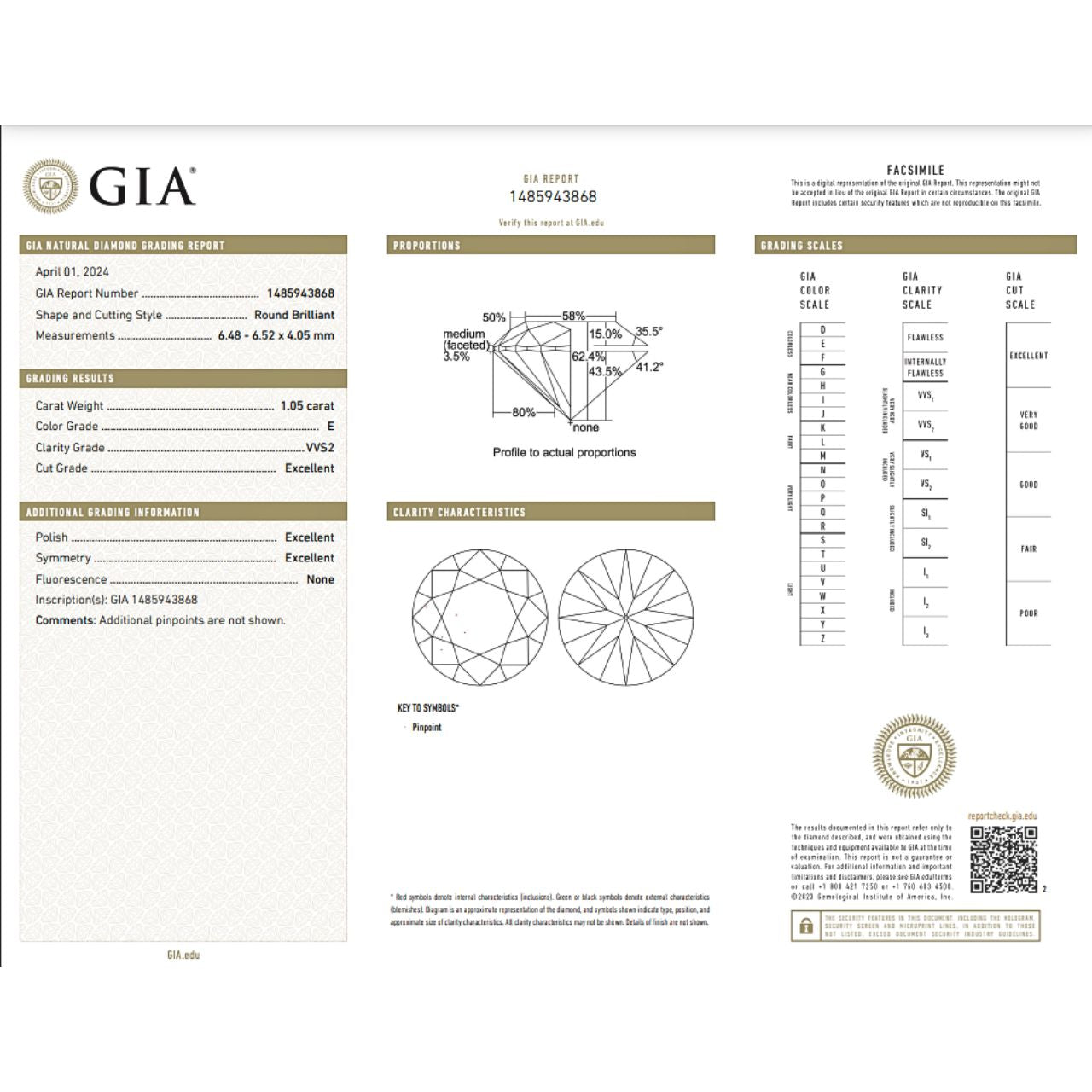 GIA Certified 1.05 Carat Round Diamond Super Ideal Cut - E Color - VVS2 Clarity