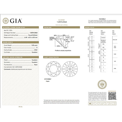 GIA Certified 1.05 Carat Round Diamond Super Ideal Cut - E Color - VVS2 Clarity