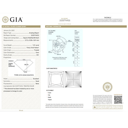 GIA Certified 1.01 Carat Enhanced Color Diamond - Fancy Vivid Yellow - Princess Cut