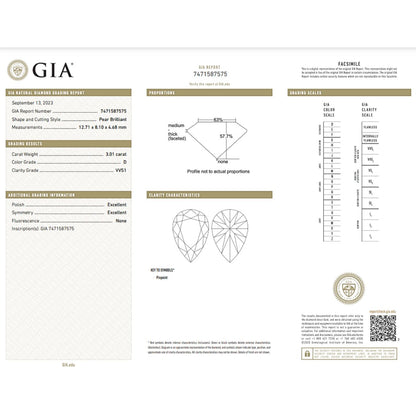 GIA Certified 3.01 Carat Pear Diamond Super Ideal Cut - D Color - VVS1 Clarity