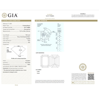 GIA Certified 1.0 Carat Emerald Cut Diamond - Fancy Vivid Greenish Blue - Enhanced Color