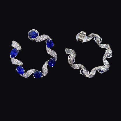 FIICCI Natural Diamond And Royal Blue Sapphire Circle Earrings In 18K White Gold