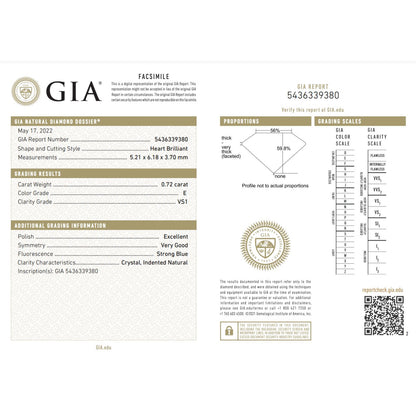 GIA Certified 0.72 Carat Heart Diamond Ideal Cut - E Color - VS1 Clarity