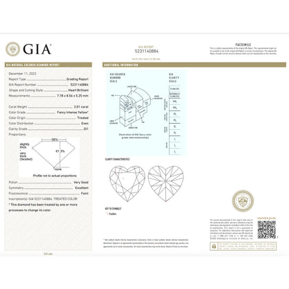 GIA Certified 2.01 Carat Enhanced Color Diamond - Fancy Intense Yellow - Heart Shape