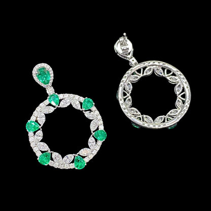 FIICCI Natural Diamond And Circle Emerald Earrings In 18K White Gold