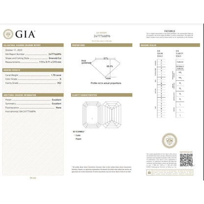 GIA Certified 1.70 Carat Emerald Diamond Good Cut - G Color - VS2 Clarity