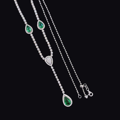 FIICCI Dazling Natural Diamond And Emerald In 18K White Gold Necklace