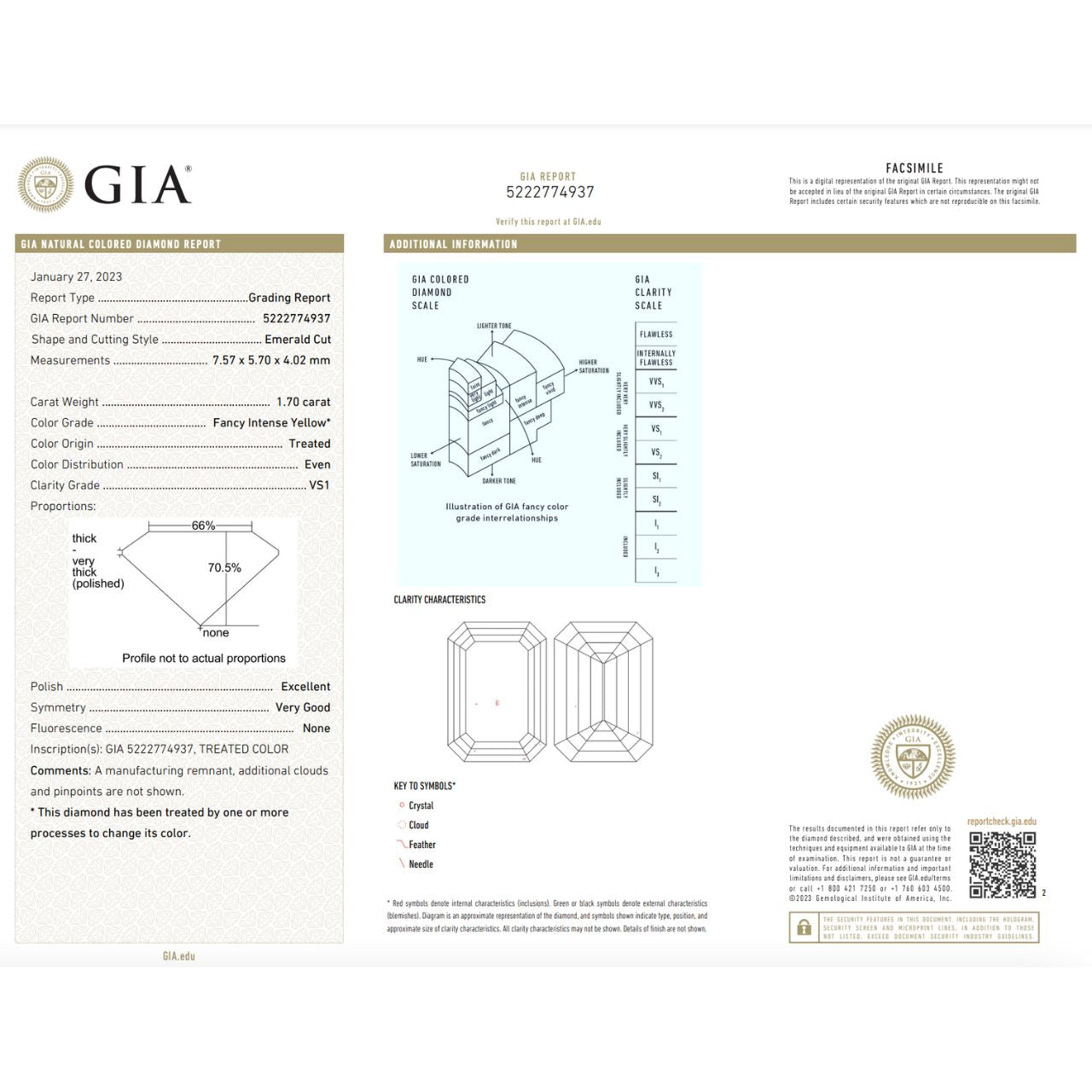 GIA Certified 1.7 Carat Enhanced Color Diamond - Fancy Intense Yellow - Emerald Cut