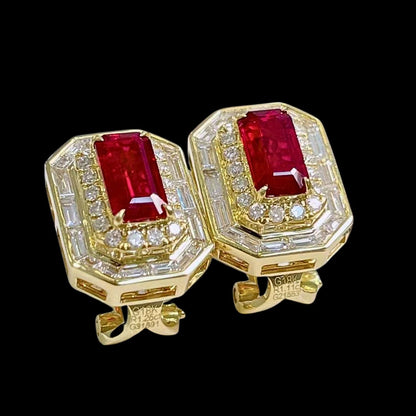 FIICCI Natural Diamond And Passion Ruby Earrings In 18K Yellow Gold