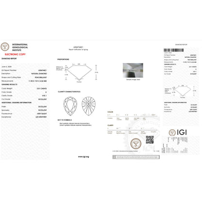 IGI Certified 2.01 Carat Pear Cut Diamond Ideal Cut - H Color - VVS1 Clarity