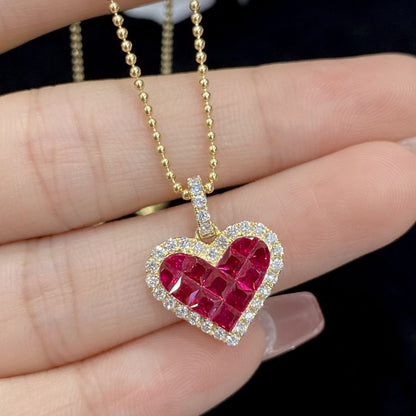 FIICCI Natural Diamond And Invisible Set heart Shape Ruby  In 18K Yellow Gold Necklace