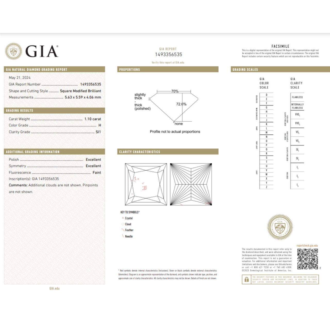 GIA Certified 1.10 Carat Princess Cut Diamond Ideal Cut - H Color - SI1 Clarity