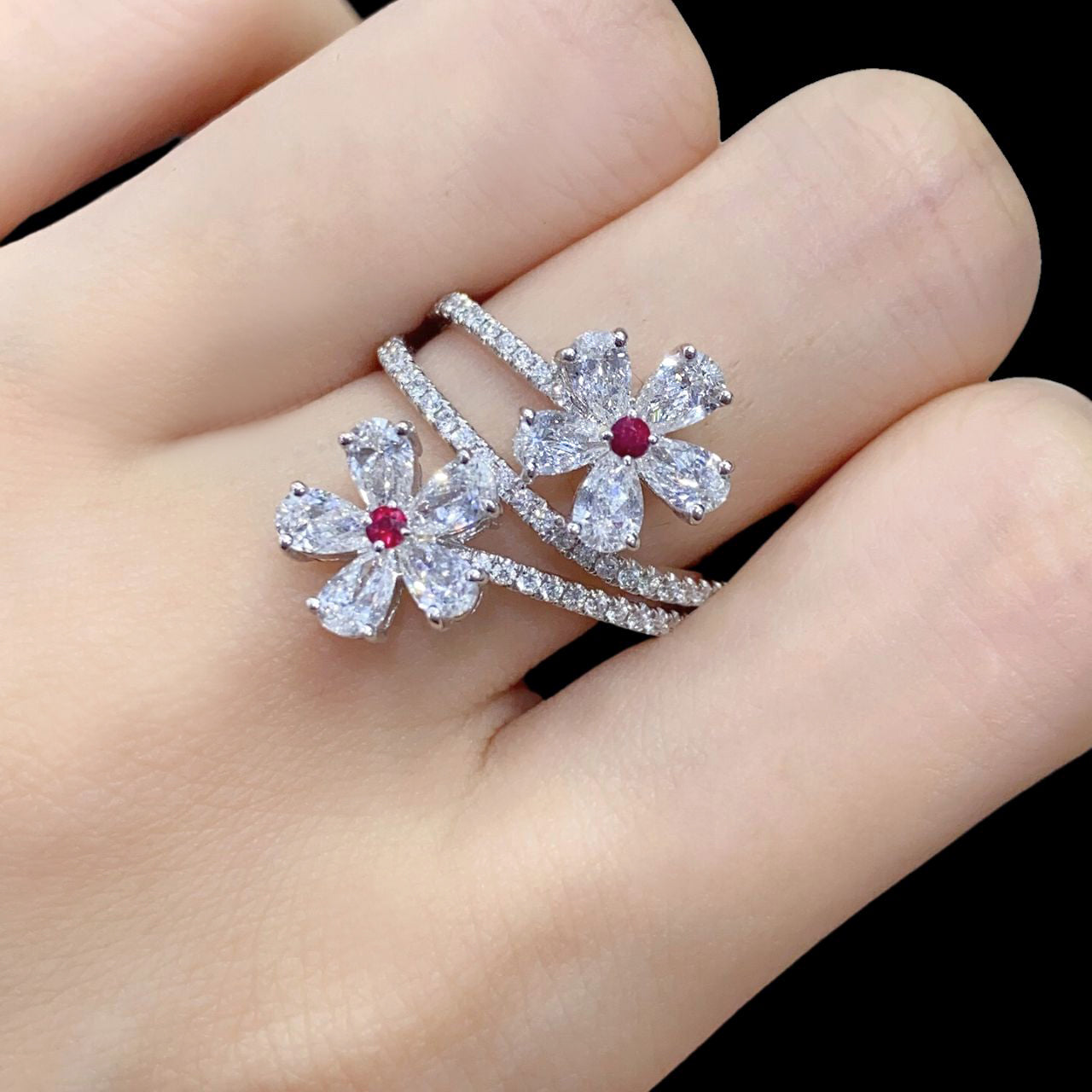 FIICCI Flower Natural Ruby And Diamond In 18K White Gold Engagement Ring