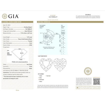 GIA Certified 1.87 Carat Heart Diamond - Fancy Vivid Greenish Blue - Enhanced Color