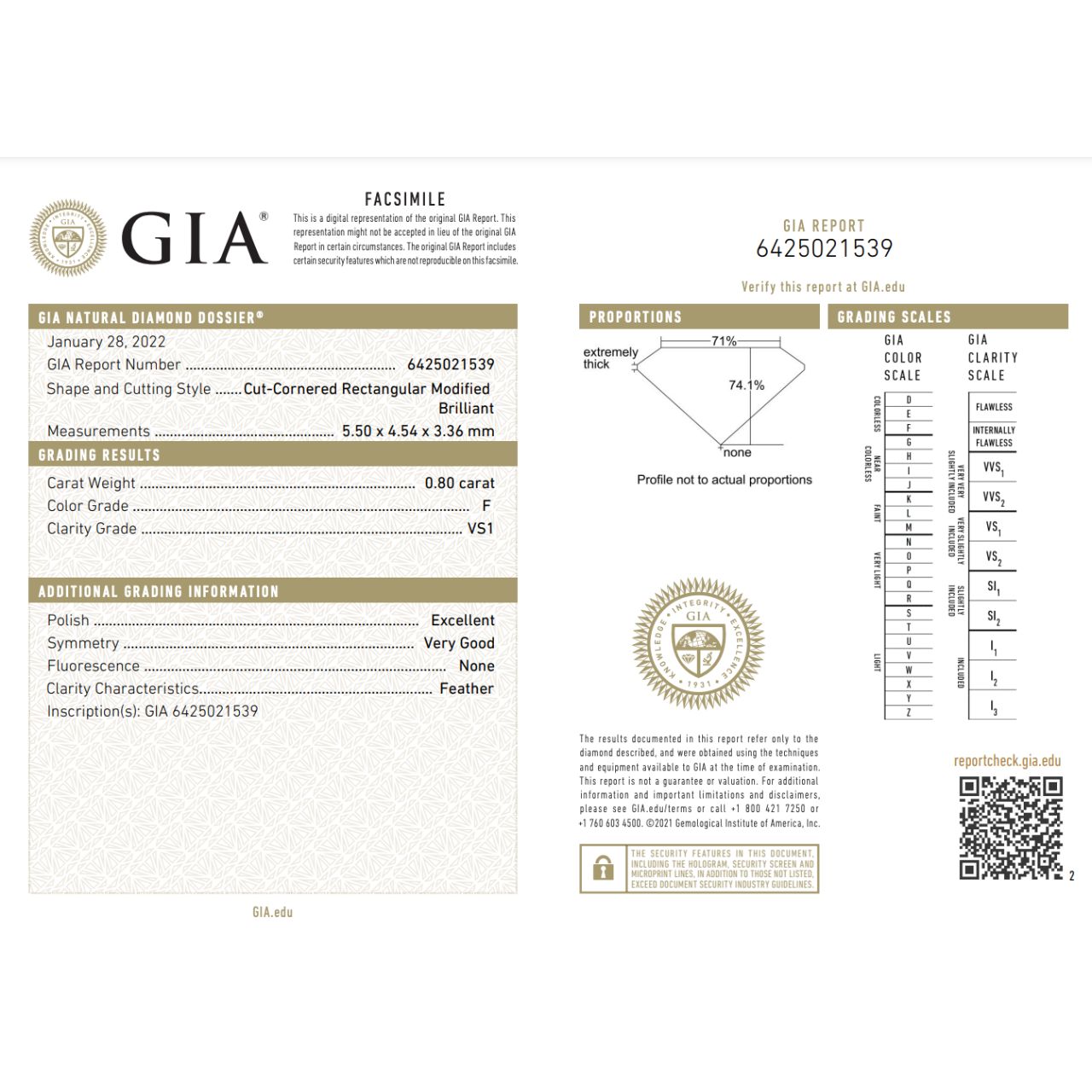 GIA Certified 0.80 Carat Radiant Cut Diamond Ideal Cut - F Color - VS1 Clarity