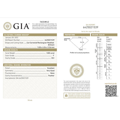 GIA Certified 0.80 Carat Radiant Cut Diamond Ideal Cut - F Color - VS1 Clarity