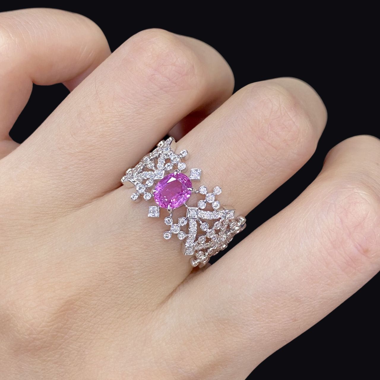 Vintage 18K White Gold Oval Pink Sapphire And Diamond Ring