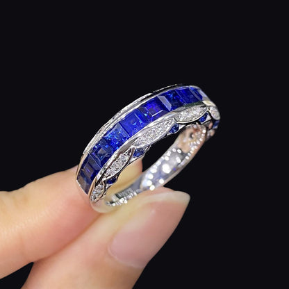 FIICCI Royal Blue Sapphire And Diamond Band In 18K White Gold