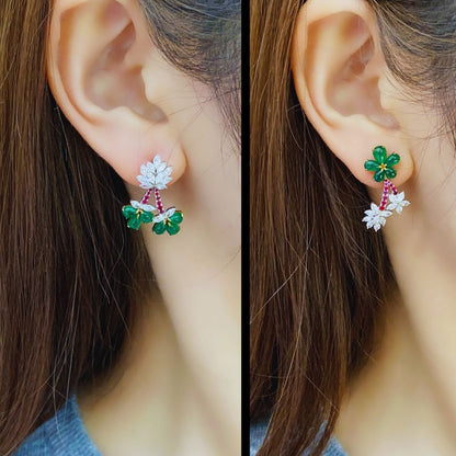 FIICCI Flower Natural Diamond And Emerald Ruby Earrings In 18K White Gold