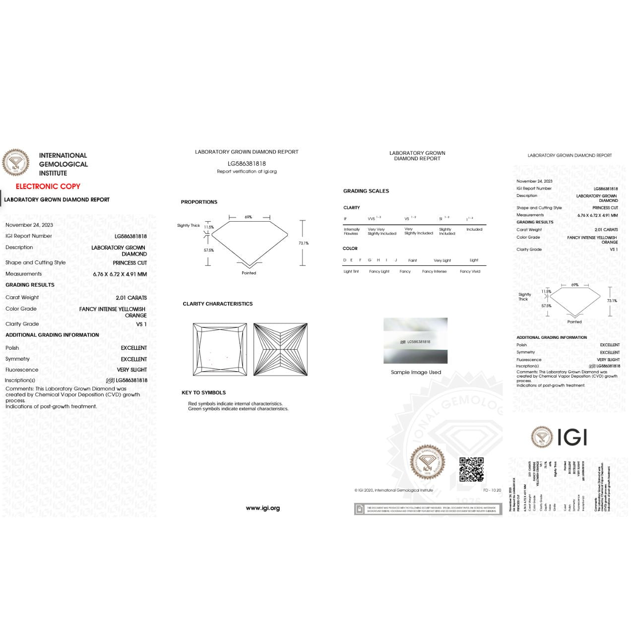 IGI Certified Lab Grown Diamonds -  Fancy Intense Yellowish Orange - Princess Cut - 2.01 ct