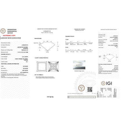 IGI Certified Lab Grown Diamonds -  Fancy Intense Yellowish Orange - Princess Cut - 2.01 ct