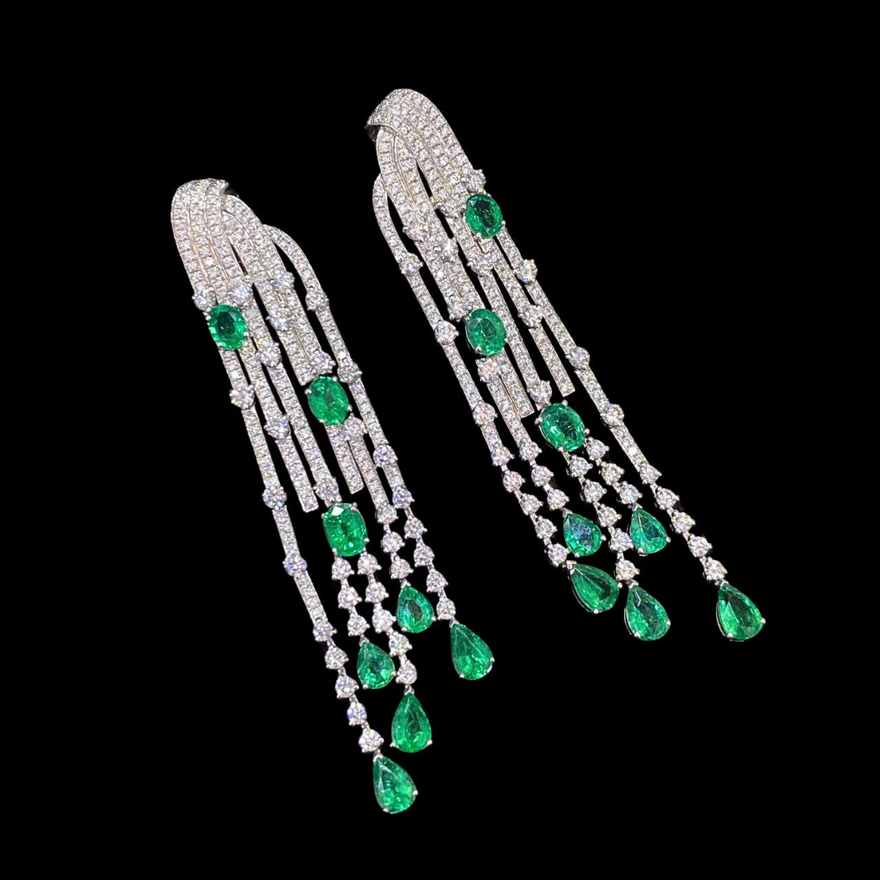 FIICCI Natural Diamond And Emerald Fringe Earrings In 18K White Gold