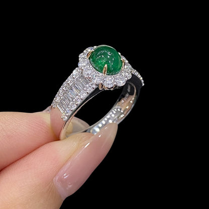 FIICCI Antique 18K White Gold Cabochon Emerald And Diamond Engagement Ring