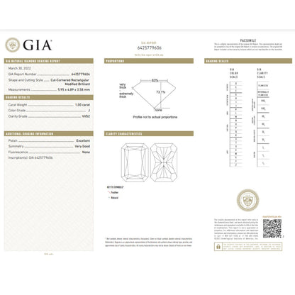 GIA Certified 1.0 Carat Radiant Cut Diamond Ideal Cut - J Color - VVS2 Clarity