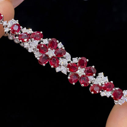 FIICCI Flower Cluster Natural Ruby And Diamond In 18K White Gold Bracelate