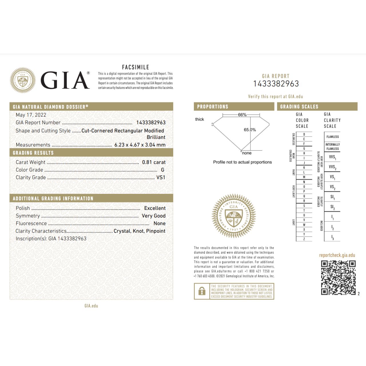 GIA Certified 0.81 Carat Radiant Cut Diamond Ideal Cut - G Color - VS1 Clarity