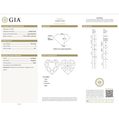 GIA Certified 1.52 Carat Heart Diamond Ideal Cut - F Color - SI1 Clarity