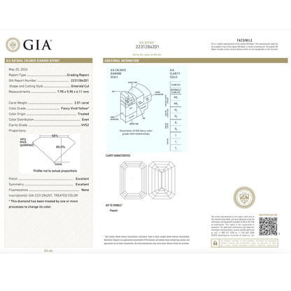 GIA Certified 2.01 Carat Enhanced Color Diamond - Fancy Vivid Yellow - Emerald Cut