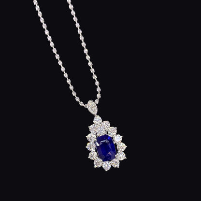 FIICCI Natural Diamond And Cushion Royal Blue Sapphire In 18K White Gold Necklace