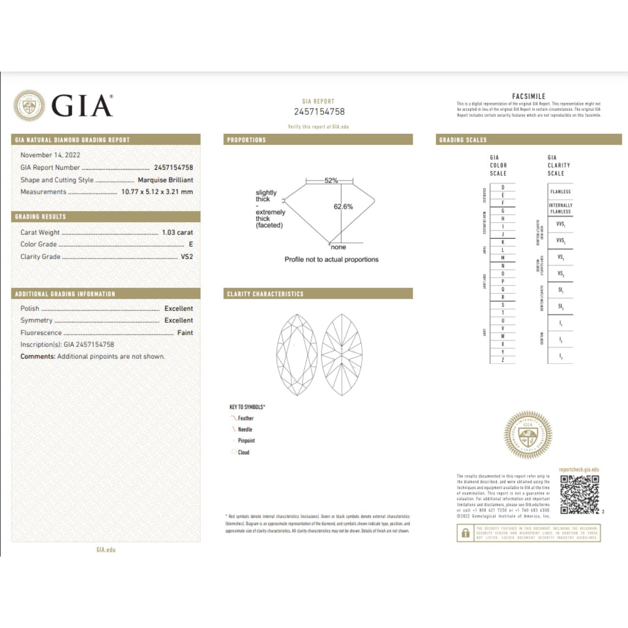 GIA Certified 1.03 Carat Marquise Diamond Ideal Cut - E Color - VS2 Clarity