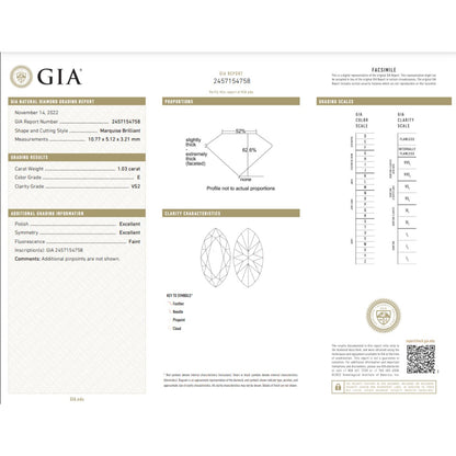 GIA Certified 1.03 Carat Marquise Diamond Ideal Cut - E Color - VS2 Clarity