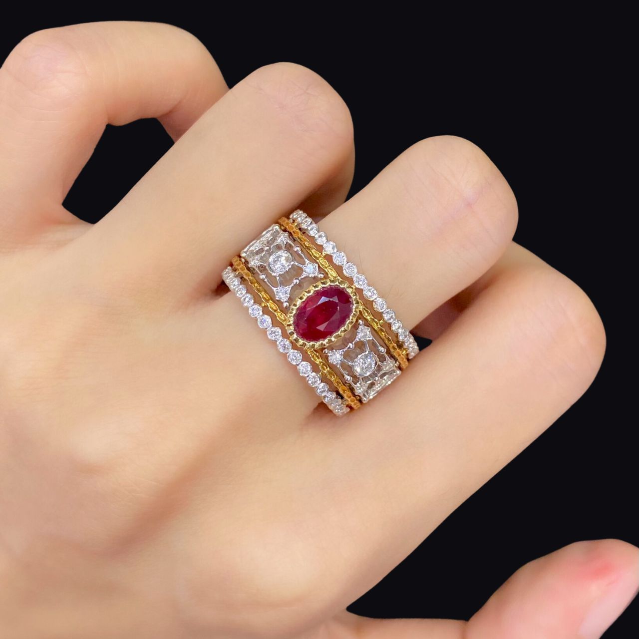 Vintage 18K Yellow White Gold Oval Ruby And Diamond Ring