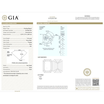 GIA Certified 1.24 Carat Enhanced Color Diamond -  Fancy Red -  Emerald Cut