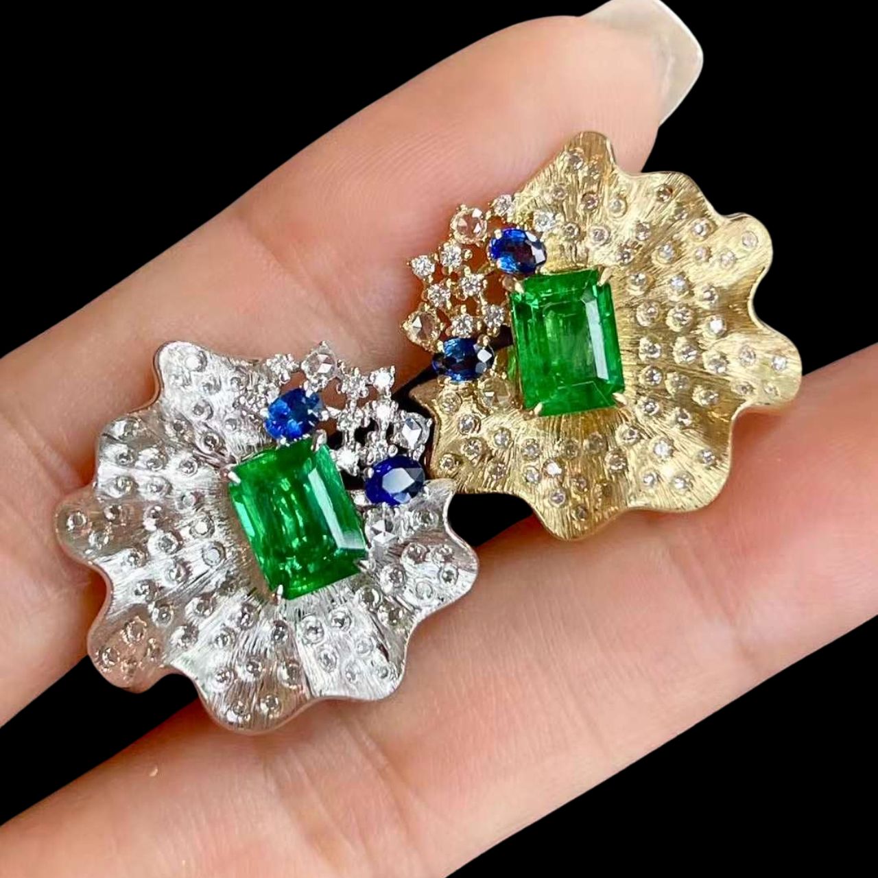 FIICCI Antique Natural Diamond And Emerald Stud Earrings In 18K Yellow White Gold