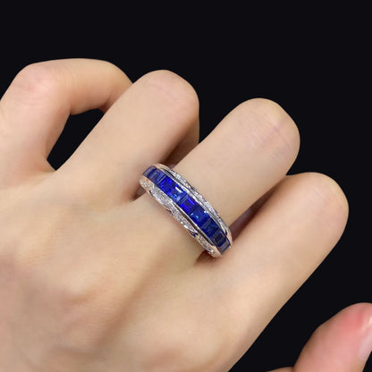 FIICCI Royal Blue Sapphire And Diamond Band In 18K White Gold