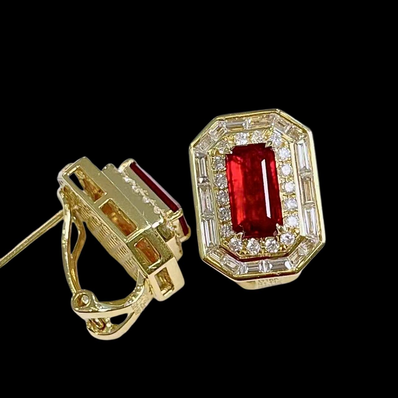 FIICCI Natural Diamond And Passion Ruby Earrings In 18K Yellow Gold