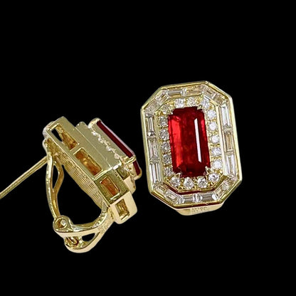 FIICCI Natural Diamond And Passion Ruby Earrings In 18K Yellow Gold