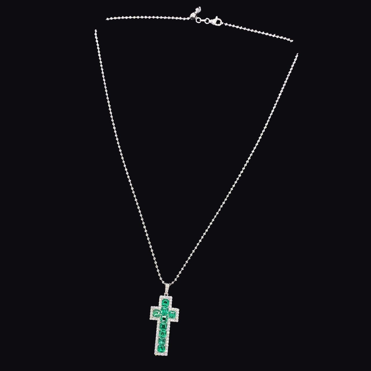 FIICCI Natural Diamond And Emerald In 18K White Gold Cross Necklace