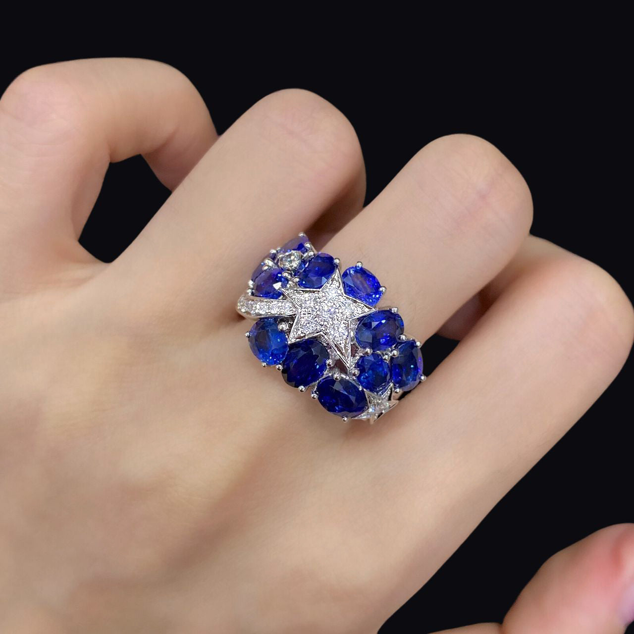 FIICCI Royal Blue Sapphire And Star Diamond Triple Cluster Ring In 18K White Gold