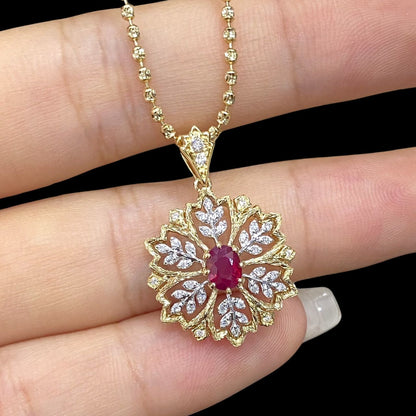 FIICCI Antique Flower Natural Ruby & Diamond In 18K Gold Necklace