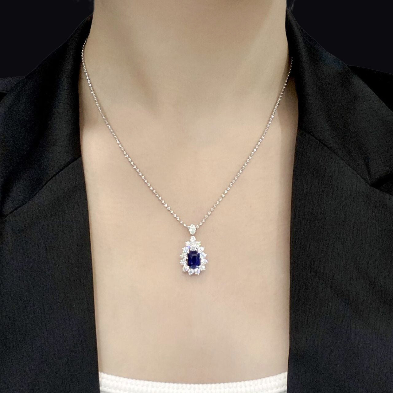 FIICCI Natural Diamond And Cushion Royal Blue Sapphire In 18K White Gold Necklace