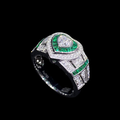 FIICCI Natural Heart Shape Diamond And Emerald In 18K White Gold Ring